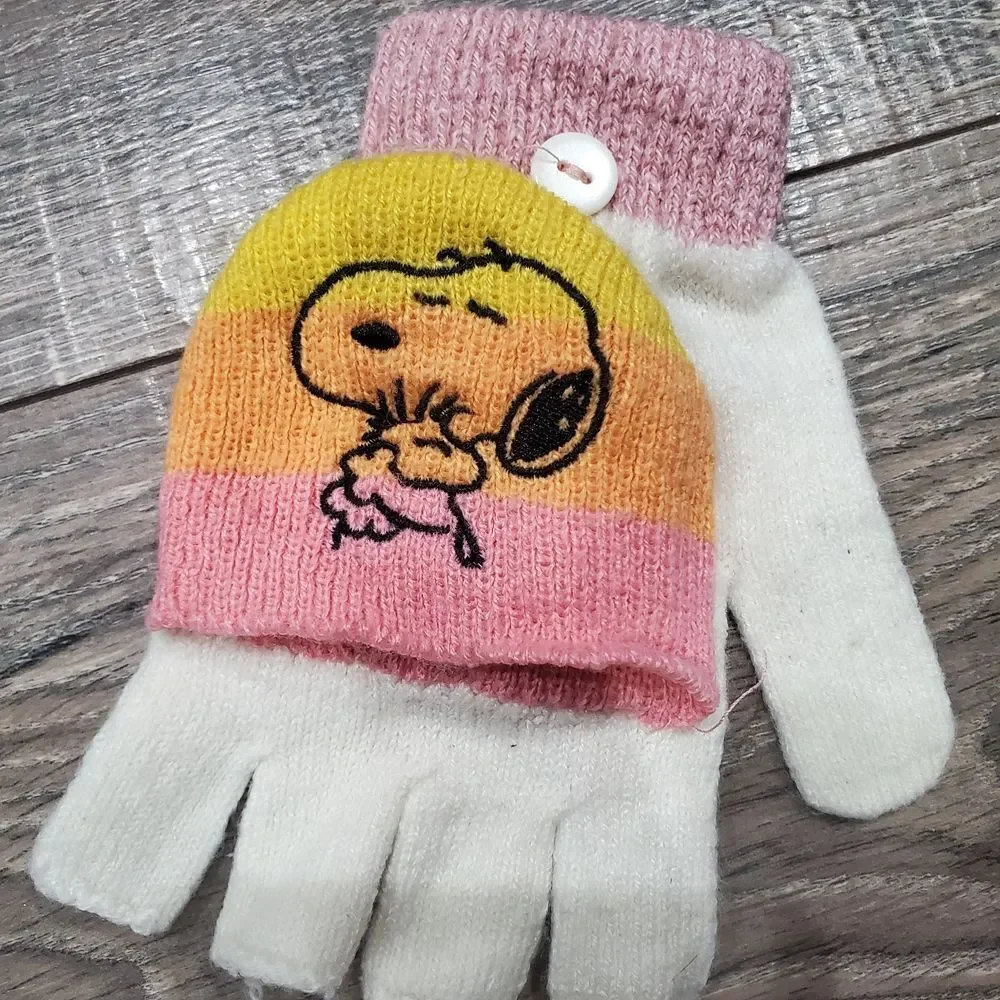 Girl Snoopy Gloves One Size Only Small Snoopy Mittens - Pink, White, and Yellow
